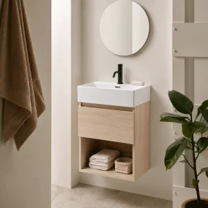 Mueble de Baño Suspendido 50 cm con Lavabo Cerámico, en madera, ambientado en baño