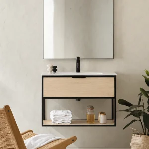 Mueble de baño Estructura suspendido con lavabo cerámico | 60, 80 y 100 cm, en madera, ambientado en baño, vista 3