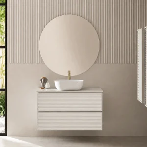 Mueble de baño suspendido Zenit con lavabo sobre encimera incluido | 60, 80 y 100 cm, en beige, ambientado en baño