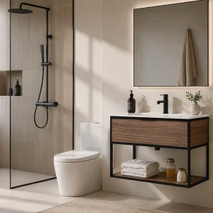 Mueble de baño Estructura suspendido con lavabo cerámico | 60, 80 y 100 cm, en madera, ambientado en baño