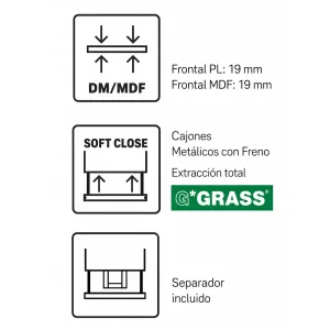 Mueble de baño Etna suspendido con lavabo cerámico integrado, iconos de características