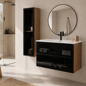 Mueble de Baño Koba Suspendido con Lavabo Porcelánico | 60, 80 y 100 cm, en negro, ambientado en baño, vista 3