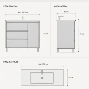 Mueble de baño Sevilla con tres cajones y puerta lateral con lavabo de porcelana integrado, plano con medidas