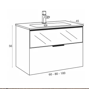 Mueble de baño Mirko suspendido de dos cajones con cristal decorativo y lavabo porcelana, plano con medidas
