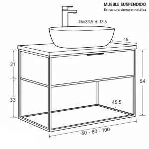 Mueble de baño Estructura suspendido con tapa y lavabo sobre encimera incluido, plano con medidas