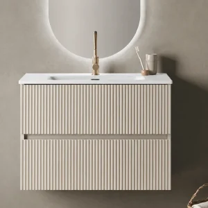 Mueble de baño Etna suspendido con lavabo cerámico integrado, en beige, ambientado en baño