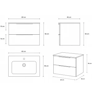 Mueble de baño Ikon suspendido con lavabo de porcelana integrado, plano con medidas