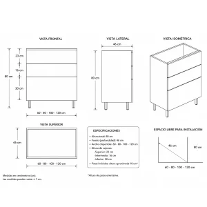 Mueble de baño Ikon de 3 cajones con lavabo de porcelana integrado, plano con medidas