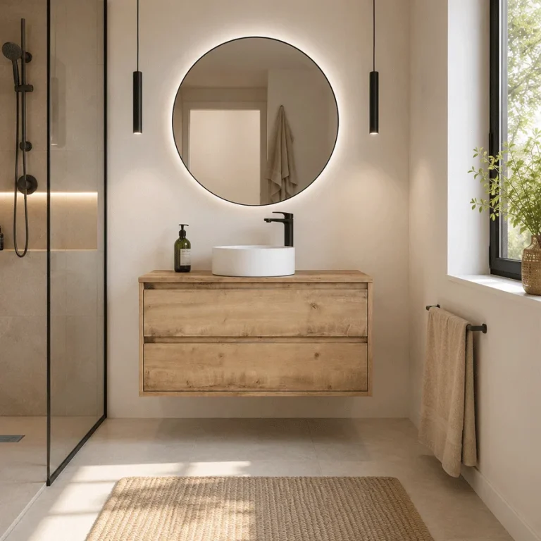 Mueble de baño suspendido Palermo con tapa para lavabo sobre encimera, en madera con espejo redondo
