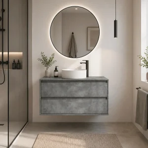 Mueble de baño suspendido Palermo con tapa para lavabo sobre encimera, en gris, ambientado en baño