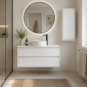 Mueble de baño suspendido Palermo con tapa para lavabo sobre encimera, en blanco, ambientado en baño, vista 5
