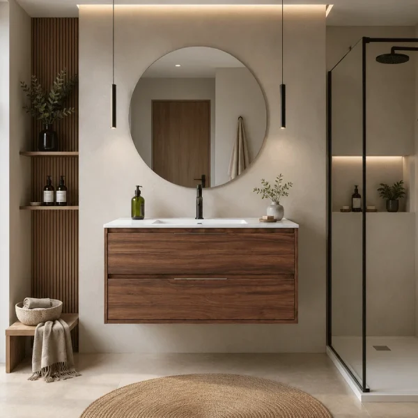 Mueble de baño suspendido Palermo con lavabo porcelánico, en madera oscura con espejo redondo