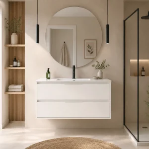 Mueble de baño suspendido Palermo con lavabo porcelánico, en blanco, ambientado en baño, vista 5