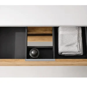 Mueble de baño suspendido Palermo con lavabo porcelánico, con cajón abierto en negro