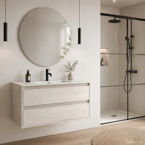 Mueble de baño suspendido Palermo con lavabo porcelánico, en blanco, ambientado en baño