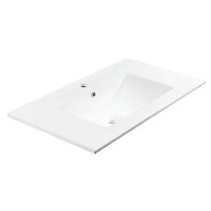 Mueble de baño suspendido Palermo con lavabo porcelánico, detalle del lavabo en blanco