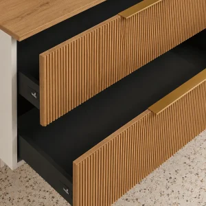 Mueble de baño Júpiter con tapa de melamina Roble Ostippo, con cajón abierto en madera