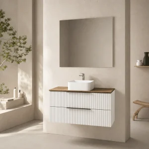 Mueble de baño Júpiter con tapa de melamina Roble Ostippo, con espejo
