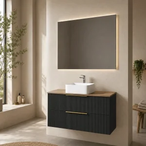 Mueble de baño Júpiter con tapa de melamina Roble Ostippo, en negro, ambientado en baño